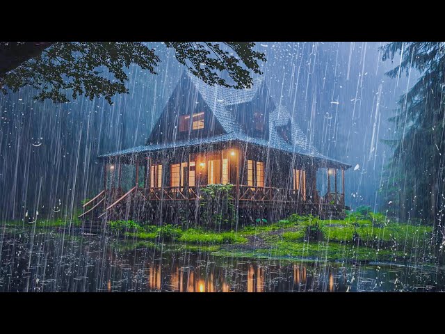 Relaxing Rain for Sleeping - Heavy Rain on the Roof in the Foggy Forest at Night - Rain Sound