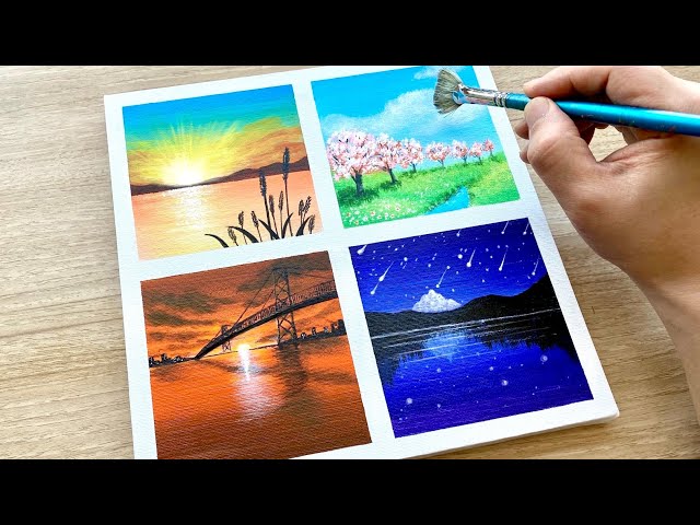 Set of 4 Landscape Painting / Acrylic Painting for Beginners / Daily Challenge #56