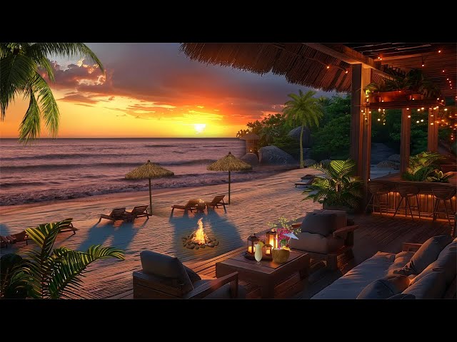 Breathtaking Grand Tropical Beach Sunset | Ocean Waves Crashing Over Rocks & Cozy Fireplace Sound