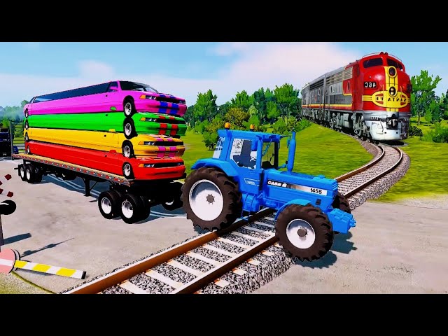 DOUBLE  FLATBED TRAILER TRUCK VS SPEEDBUMPS - TRAIN VS CASE TRACTOR TRANSPORTING - BeamNG.drive #147