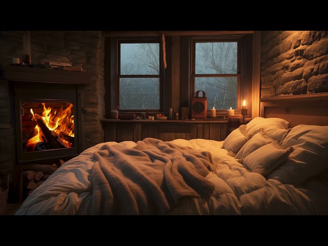 Cozy Cabin Ambience - Raindrops Falling Sounds on Window, Fireplace Sound for Tinnitus Relief, Sleep
