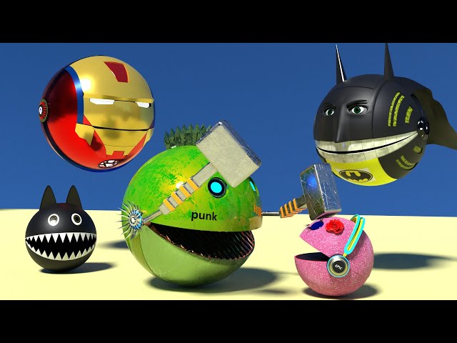 Pacman Batman & Pacman Ironman vs Robot Pacman & Cartoon Cat
