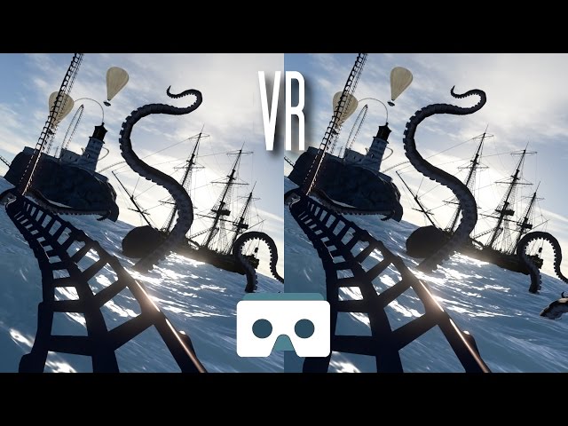 Virtual Reality Roller Coaster: Scary VR Video with Sea Kraken