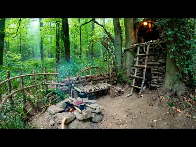 7 Days SOLO SURVIVAL CAMPING In RAIN Forest. Building a WOOD and ROCK 2 STOREY SHELTER. Cooking