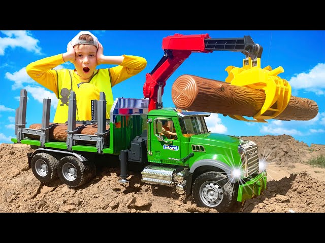 Big Wheel Tractor Carries Wooden Truck and Helps Alex Kids Toy Cars