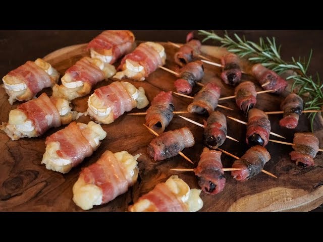 Party Appetizers: Prune and Rosemary Bacon rolls and Goat Cheese and Garlic Bacon Rolls