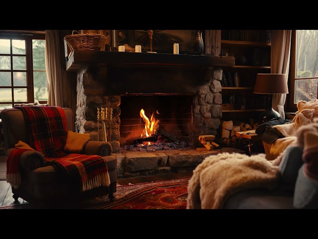 Cozy Cabin with Fireplace 🔥 Burning Logs and Crackling Fire Sounds