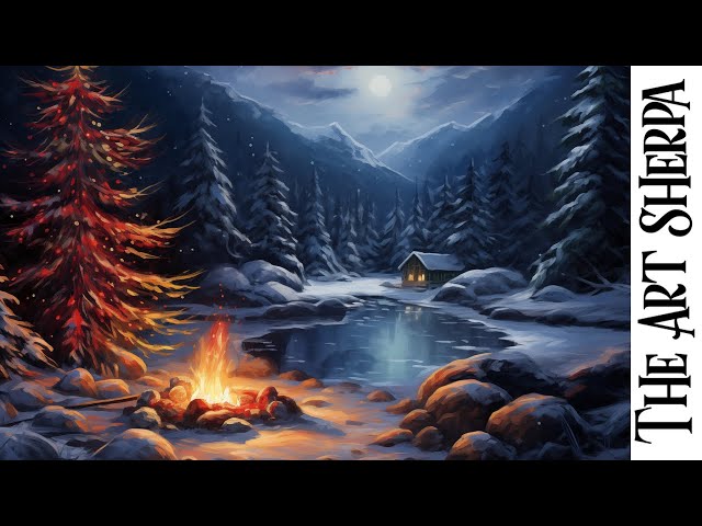Starry Night Winter Mountain Lake Cabin with Christmas tree and FIRE 🌟🎨  Acrylic Painting tutorial