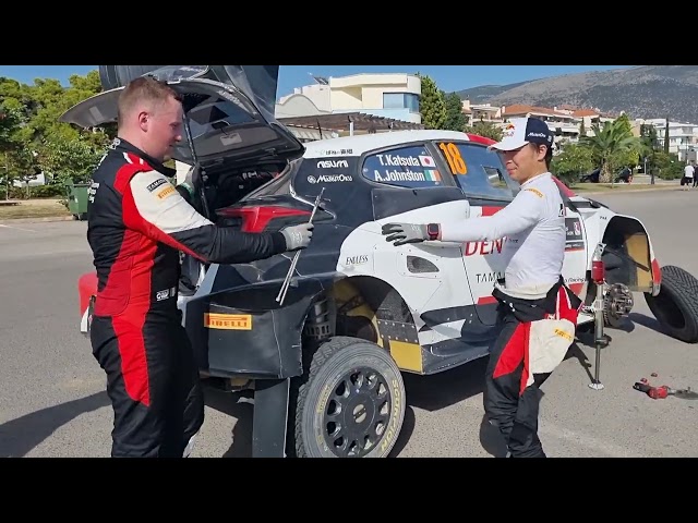 WRC Acropolis Rally Greece 2022 Katsuta prepares before ss7 in Itea, damaged wheel, tired Rovanpera