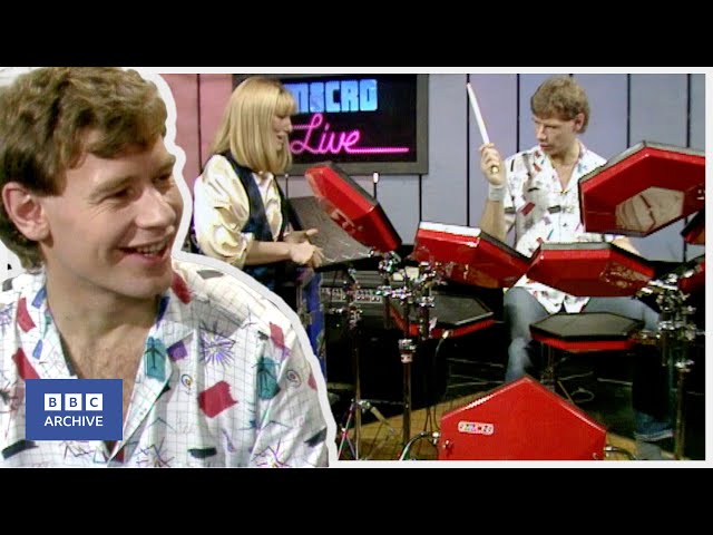 1984: BILL BRUFORD on the SIMMONS ELECTRONIC DRUM KIT | Micro Live | Retro Tech | BBC Archive