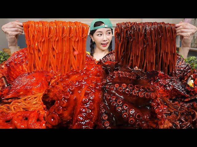 ENG SUB) Spicy Octopus Noodle FLEX 🐙 Seafood Boil and Jjajang Jjamppong Recipe Mukbang ASMR Ssoyoung