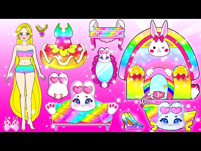 [🐾paper diy🐾] Rainbow Rapunzel Mother and Daughter New Bunny House | Rapunzel Compilation 놀이 종이