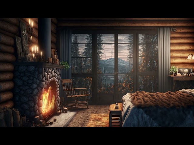 Cozy Log Cabin Bedroom Ambience 🎧 Window on Rain, Crackling Fireplace, Forest Cabin