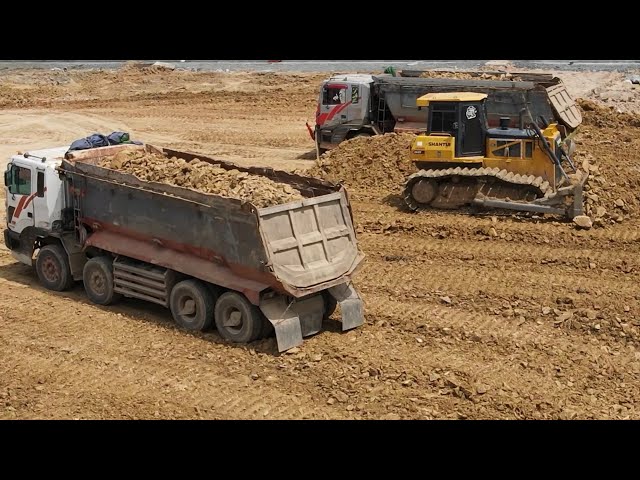 Dumping Hyoundai Truck Dumping rock to Bulldozers Pushing to filling up landscape |Machine Kh