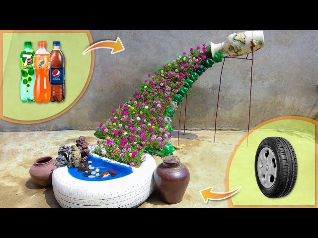Recycle tires and plastic bottles into beautiful flower waterfalls for small garden