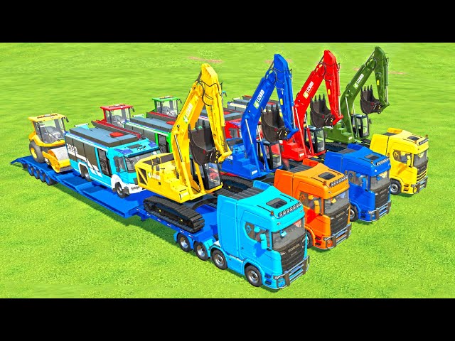 TRANSPORTING ROLLER COMPACTOR, EXCAVATOR & FIRE FIGHTER TRUCK TO GARAGE WITH SCANIA TRUCK! FS22 MODS
