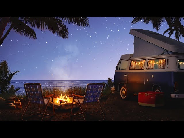 Campfire by the Sea Ambience | Crackling Fire, Ocean Waves, & Crickets Sounds