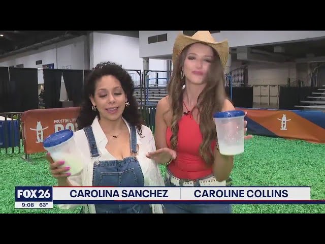 Houston Rodeo Celebrity Goat Milking Competition featuring Carolina Sanchez and Caroline Collins