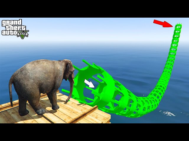 Elephant Jumps Inside Green a Pipe - Gta 5 قراند 5 :الفيل يقفز داخل الأنبوب الأخضر