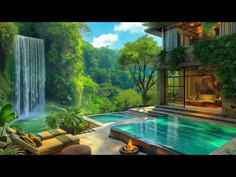 Smooth Jazz Melodies & Waterfall Sounds In Cozy Living Room - Soothing Jazz In Tranquil Forest Ambience