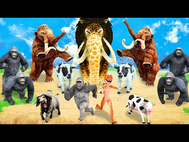 10 Giant Gorilla vs 10 Zombie Cow vs 10 Mammoth Elephant Fight Cow Buffalo Saved By Monster Lion