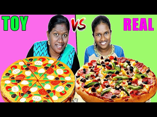 REAL FOOD VS TOY FOOD EATING CHALLENGE AND FUN GAME IN TAMIL FOODIES DIVYA VS ANUSHYA