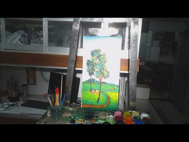 How to draw a beautiful village scenery on canvas with acrylic colour || Painting for beginners ||