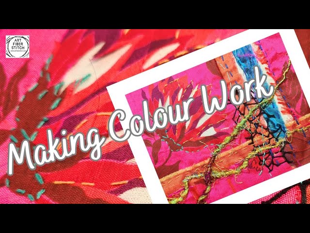 Making colour work in this hot pink slow stitch fabric art project. #embroidery #collage #craft #art