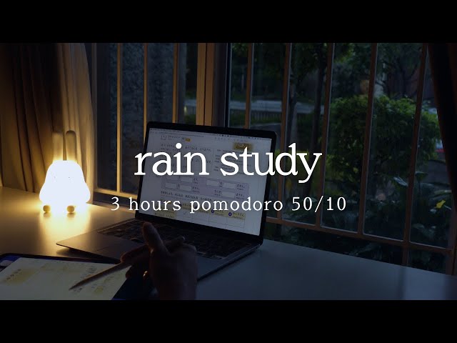 3 hours study with meㅣ⛈️ rain + 🌅 sunset | pomodoro 50/10 | rain sound for study