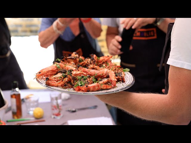 Jumbo prawns grilled over charcoal in the Charlie Oven with Chef Bart Van Der Lee