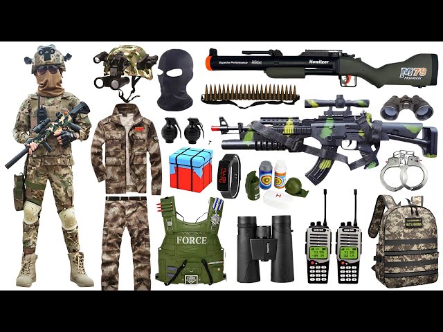 Open box special forces toy set, submachine gun, AK47 assault rifle, bulletproof vest, Glock pistol