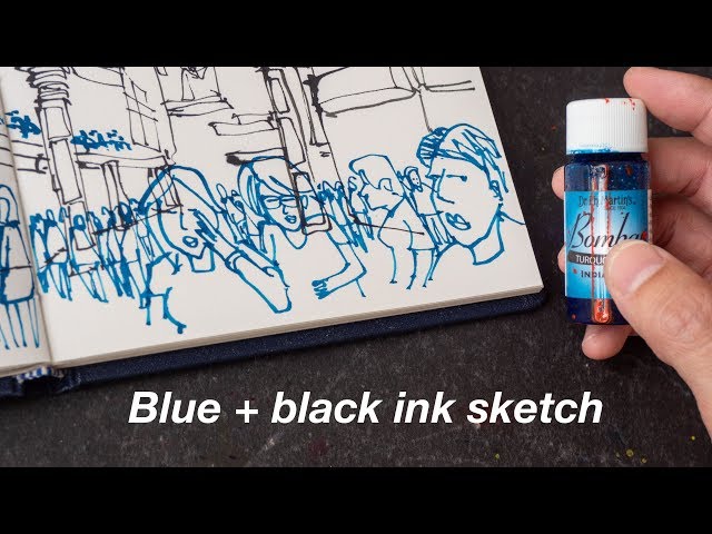 Sketching with black and blue inks