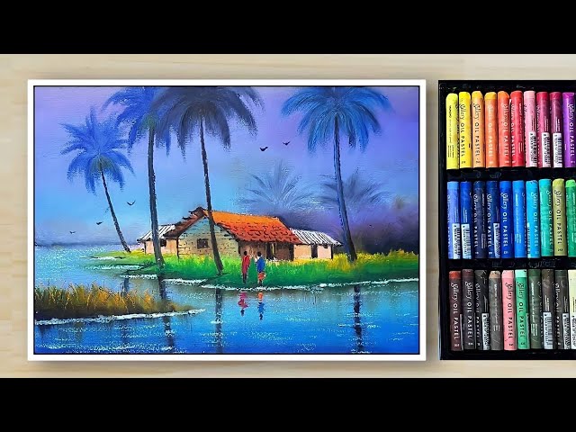 How to Draw Beautiful 😱 Colourful Village Scenery (step by step) Tutorial - Oil Pastel Drawing