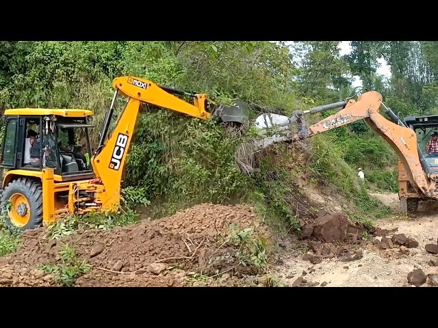 JCB AND Case Backhoes Working to Widen the Mountain Narrow Road
