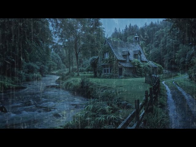 Quality sleep with sounds of heavy rain, thunder and streams in the house near the forest at night
