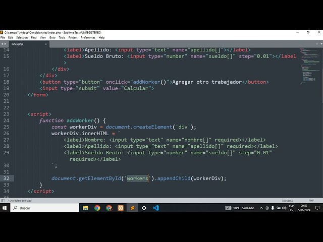 Video Explicativo de código en Sublime Text para el Registro de Trabajadores.