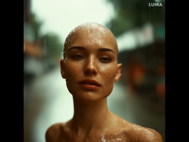 Beautiful sweaty bald young woman under rain storm (Stable Diffusion 3 + Dream Machine)