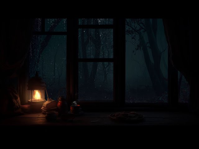 Relaxing By The Bedroom Window, Dim Light Beside A Cup Of Tea Watching The Rain Shower In The Forest