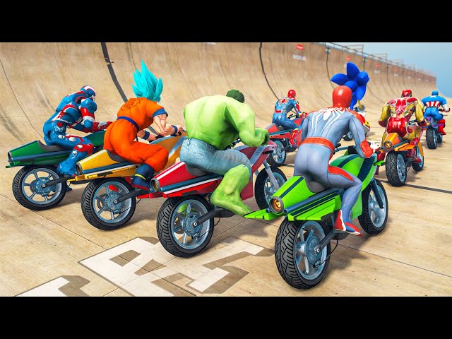Spiderman, Hulk, IronMan Team Racing | All Superheroes Challenge Flying Motorbike Competition #200
