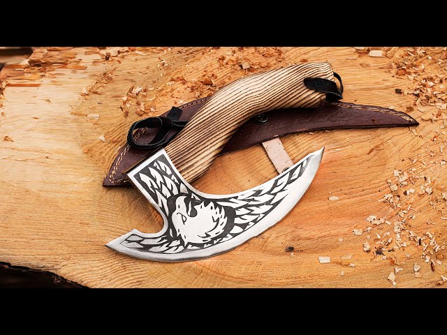 Pizza Cutter,Axe,Hatchet Knife1095 High Carbon Steel,Beautiful Etching,Leather Strap on Ash Wood