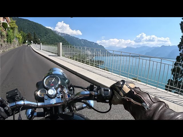 Royal Enfield Bullet 500 ride through a Swiss Town on Lake Geneva