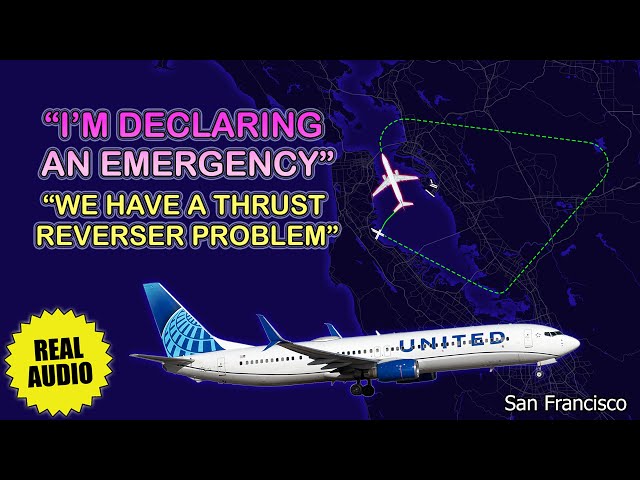 Thrust reverser problem after takeoff. United Boeing 737 returns to San Francisco Airport. Real ATC