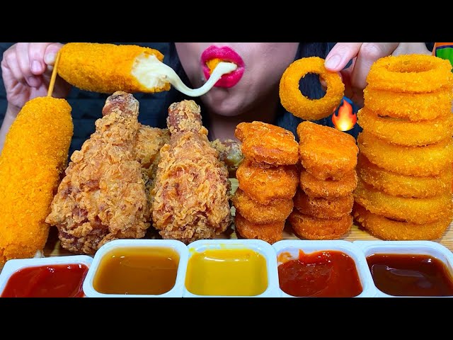 MOST POPULAR FOOD ASMR (SPICY CHICKEN NUGGETS, ONION RINGS, CORN DOG, FRIED CHICKEN) Eating Sounds