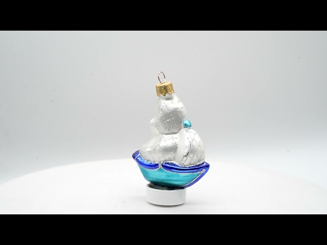 Blue Tall Ship with White Sail Glass Christmas Ornament (AA-078)