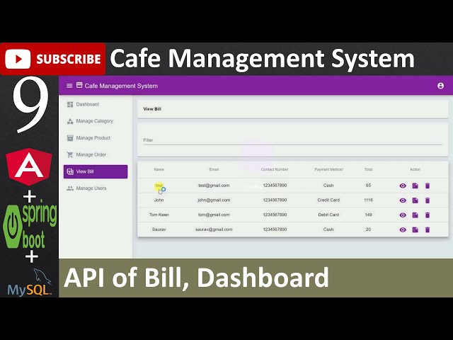 9. Cafe Management System - API of Bill, Dashboard (Angular, Spring Boot - Java, MySQL Database)