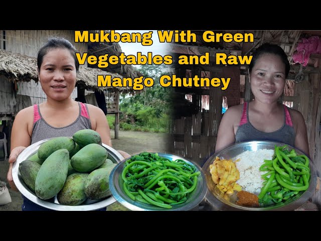 Eating Raw Mango Chutney And Pumpkin Leafs  || Cooking And  Eating ||