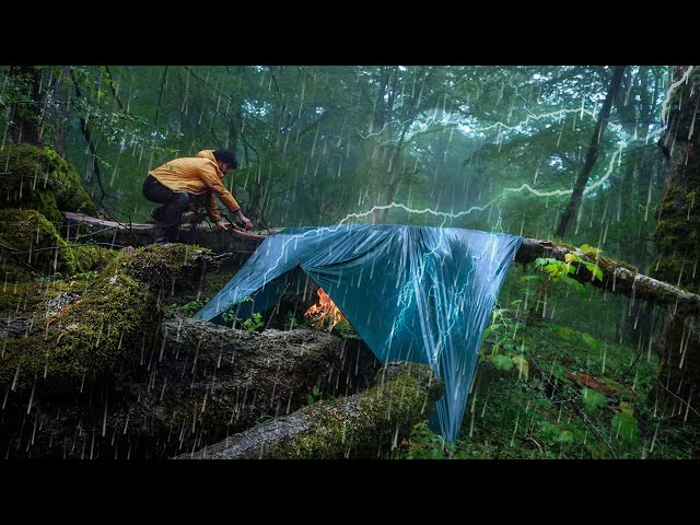 Thunder and Heavy Rain Camping | Survival Broken Tree Shelter