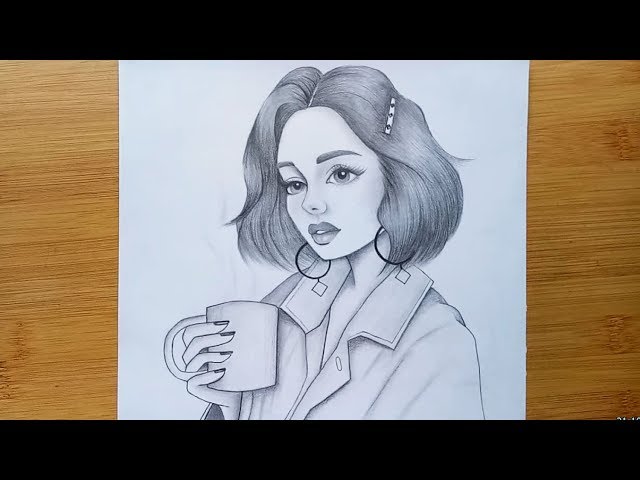 How to draw a girl with a coffee mug // pencil sketch drawing step by step