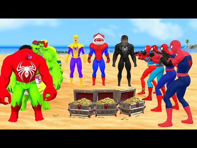 Spiderman with the battle to find treasure vs joker vs Hulk vs shark spiderman |Game 5 superheroes