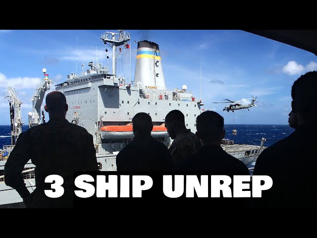 US Navy THREE SHIP replenishment (Triple UNREP) USS Somerset, USS Boxer and USS Dewey